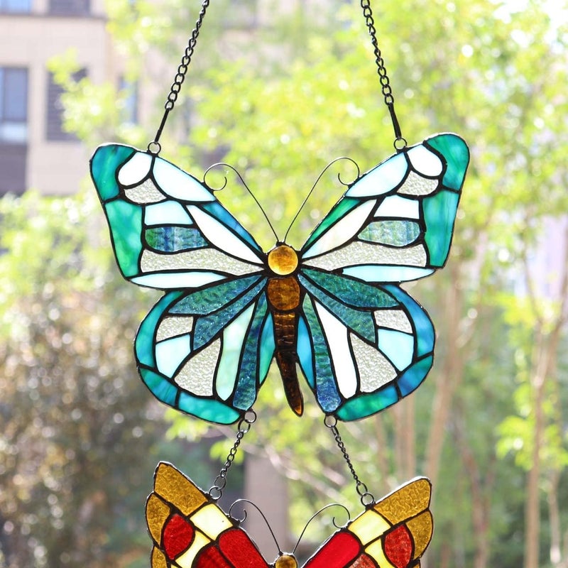 Bieye W10053 Butterfly Tiffany Style Stained Glass Window Panel with 3 Pieces Hanging Successively Within Chains, 12" W x 25" H - Image 2